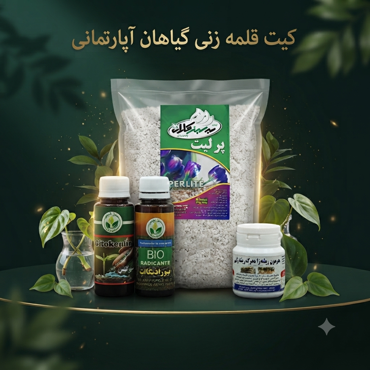 خرید کیت قلمهزنی گیاه شامل هورمون ریشهزا، بیورادیکانت، سیتوکینین و پرلیت شکری برای کمک به ریشهزایی و تکثیر گیاهان